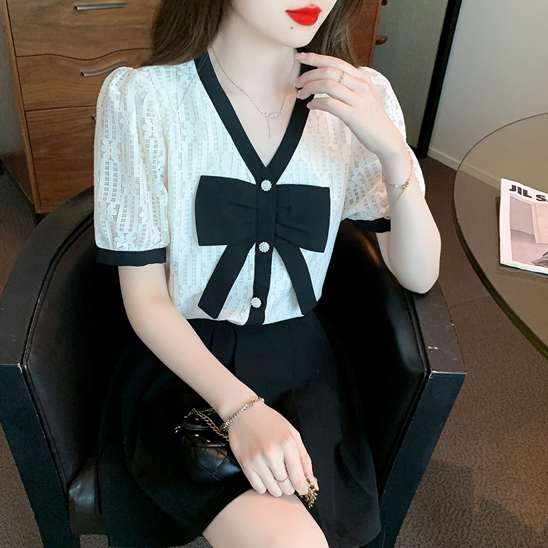 Lace splice summer tops bow Korean style shirt for women