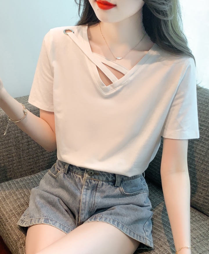 Summer short sleeve tops slim V-neck T-shirt for women