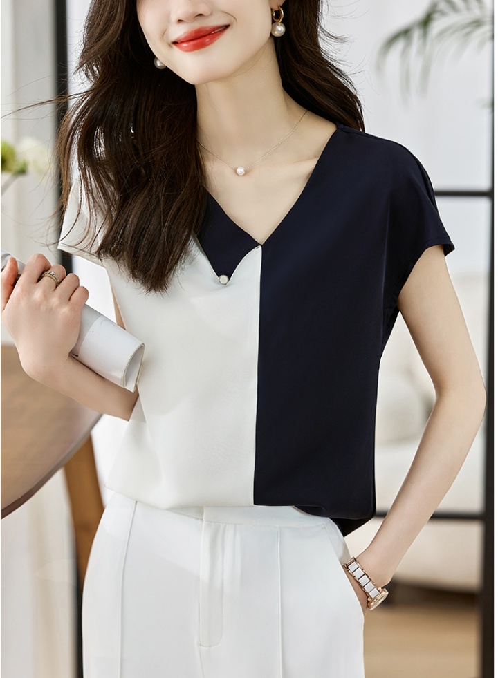 V-neck splice short sleeve shirt thin light simple tops