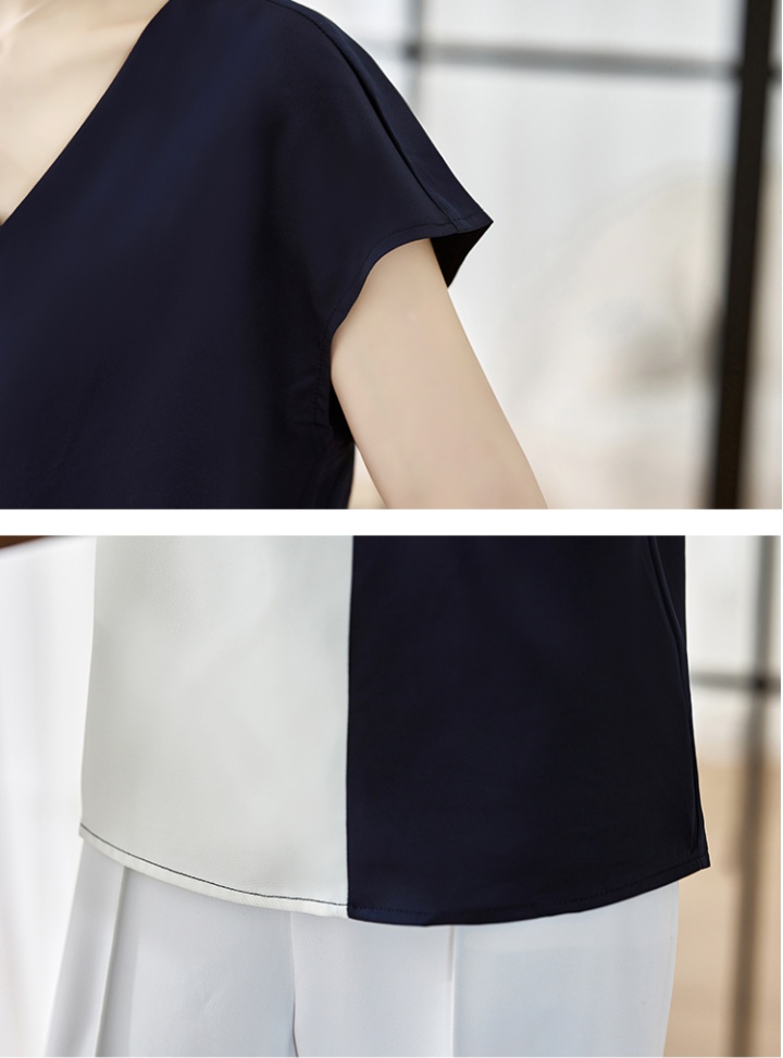 V-neck splice short sleeve shirt thin light simple tops