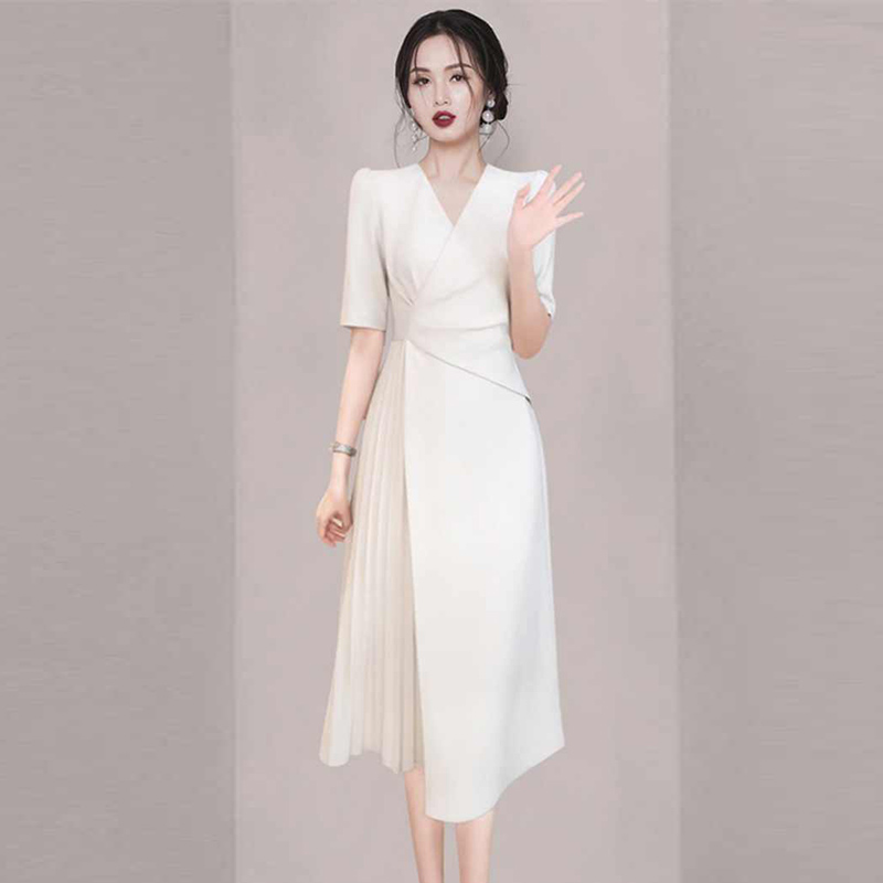 Pleated white dress France style profession long dress