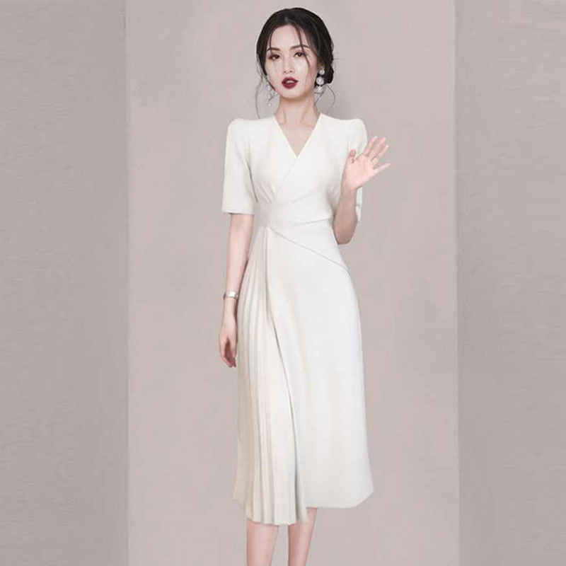 Pleated white dress France style profession long dress
