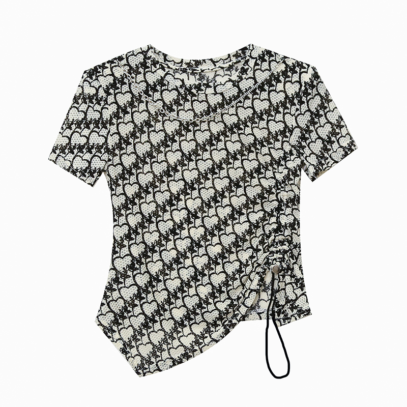 Drawstring irregular T-shirt with necklace tops for women