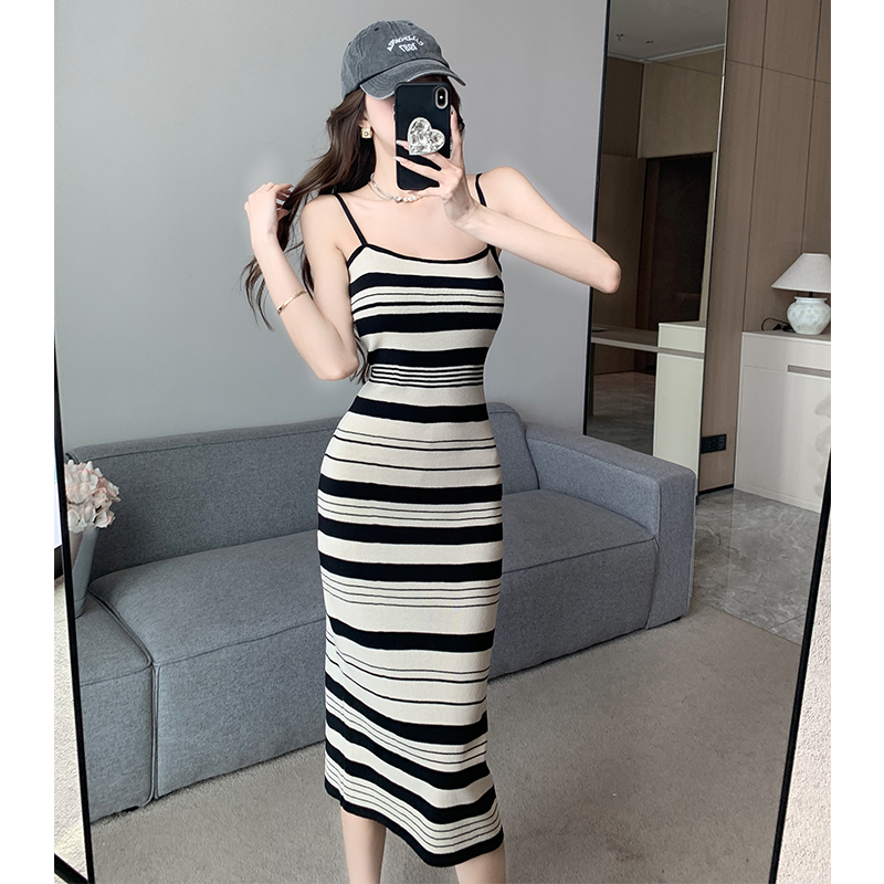 Knitted mixed colors dress summer strap dress for women