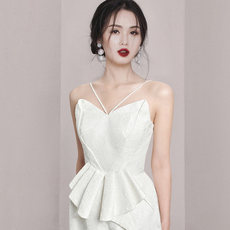 Lotus leaf edges fashion formal dress jacquard sling dress