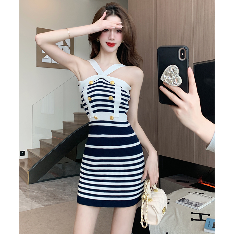 Sexy stripe dress mixed colors summer T-back for women