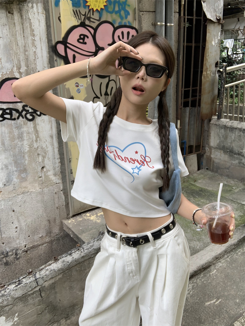 Short round neck tops summer letters bottoming shirt