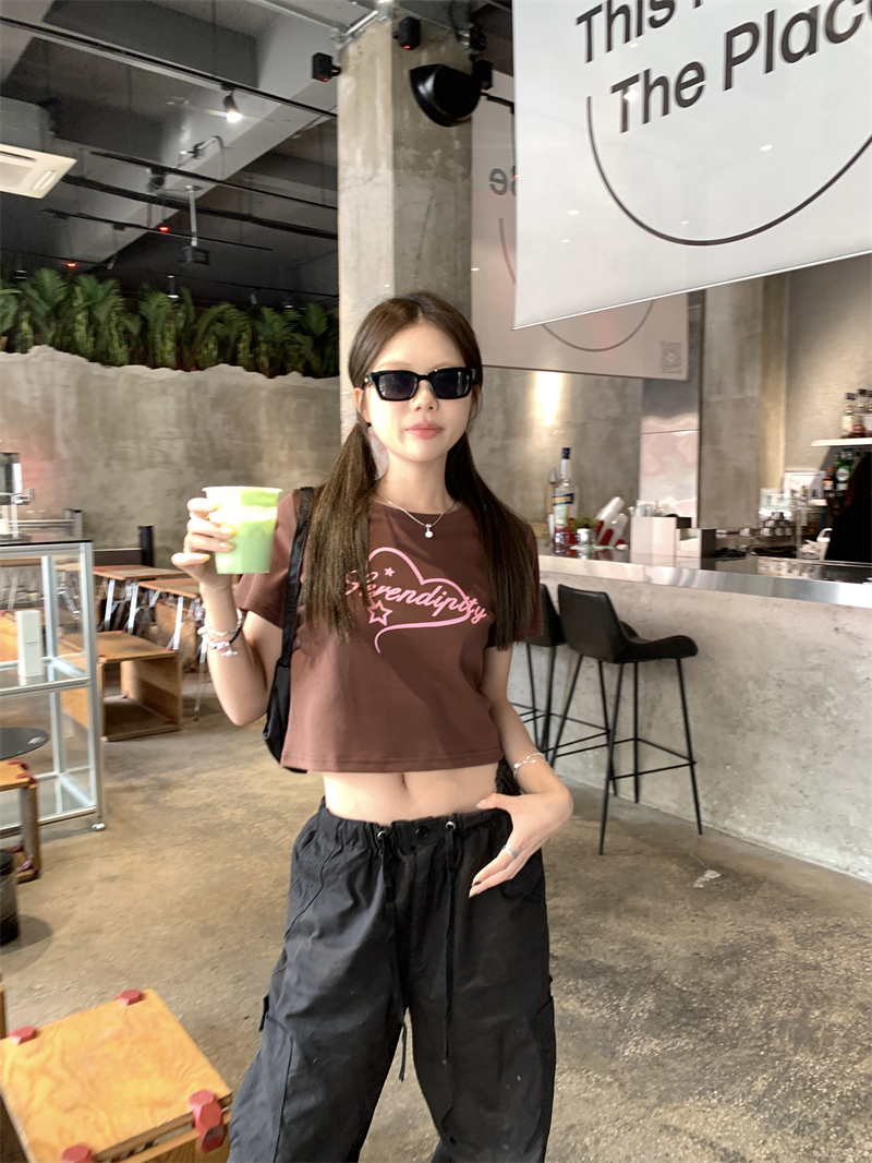 Short round neck tops summer letters bottoming shirt