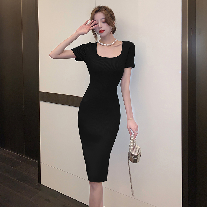 Knitted light pinched waist temperament France style dress