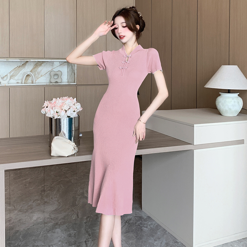 Slim knitted dress retro mermaid cheongsam for women