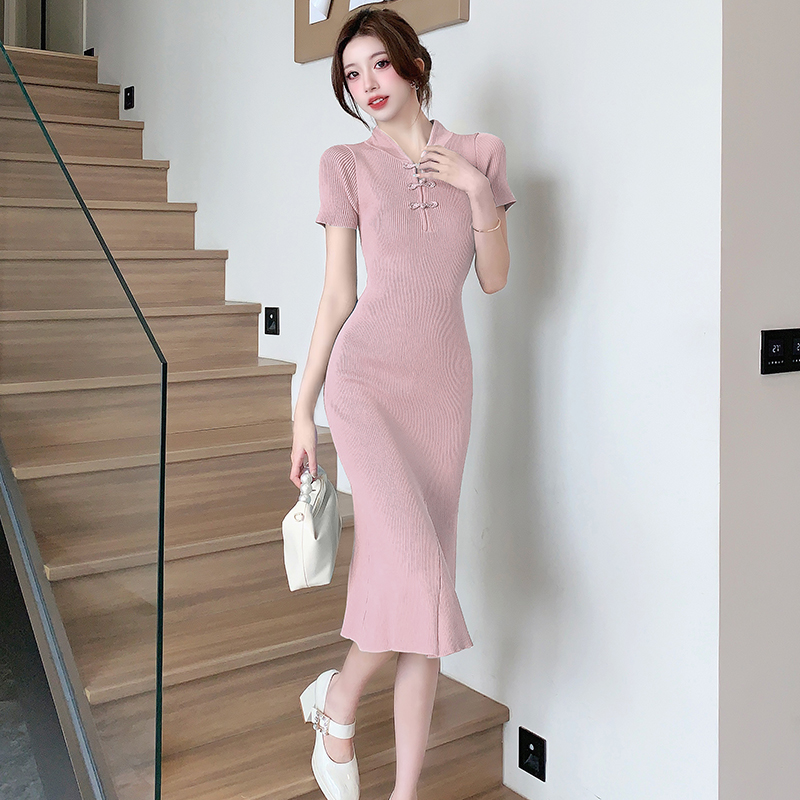 Slim knitted dress retro mermaid cheongsam for women