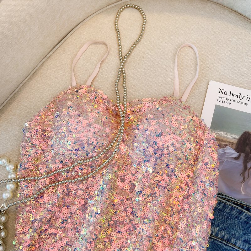 Sling with chest pad beauty back vest sequins glitter tops