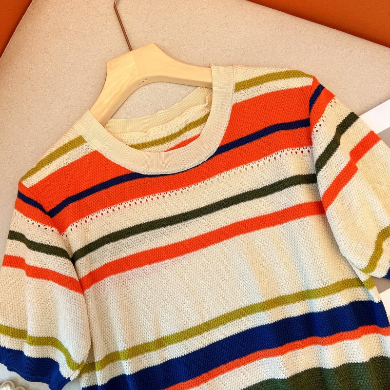 Short sleeve rainbow thin hollow summer stripe sweater