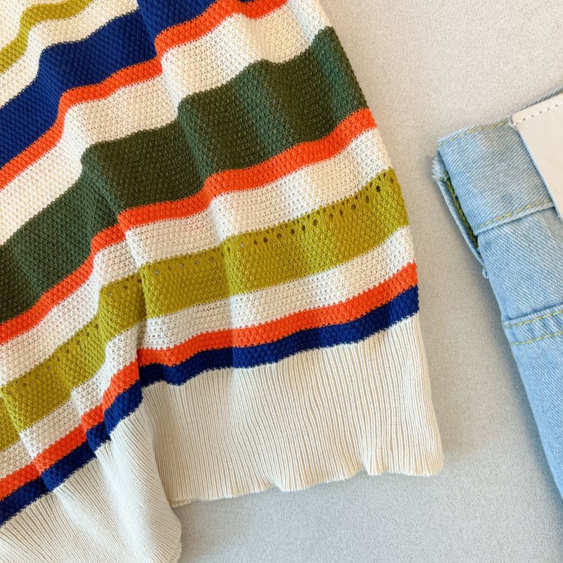 Short sleeve rainbow thin hollow summer stripe sweater