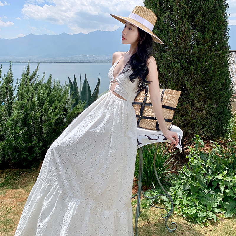 Vacation V-neck white dress halter sling long dress