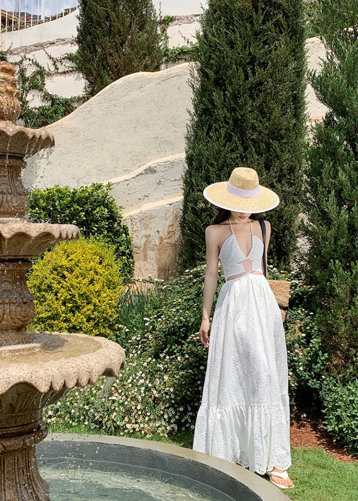Vacation V-neck white dress halter sling long dress