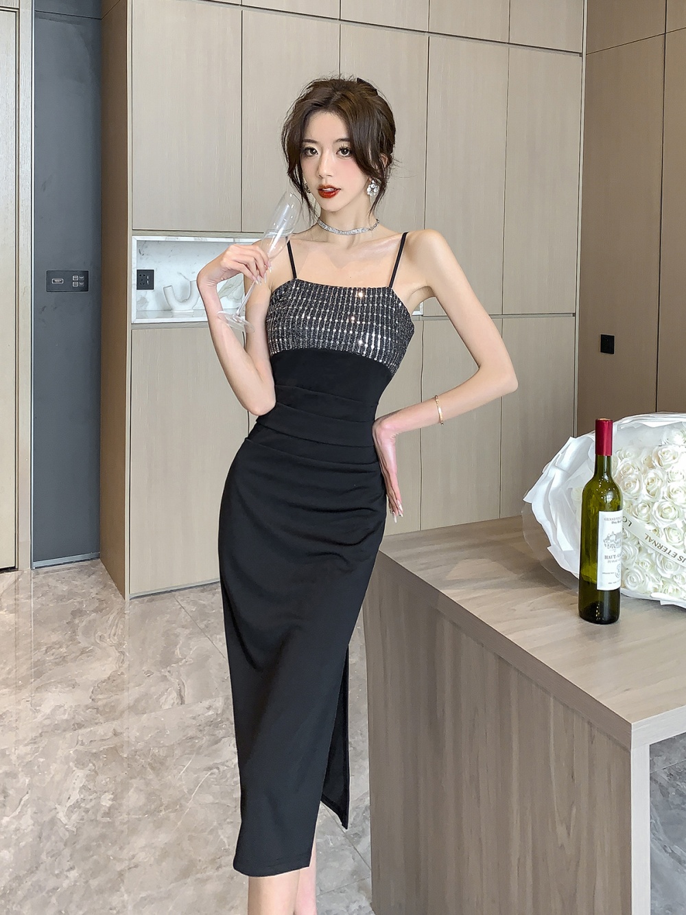 Wrapped chest splice dress sling sexy long dress