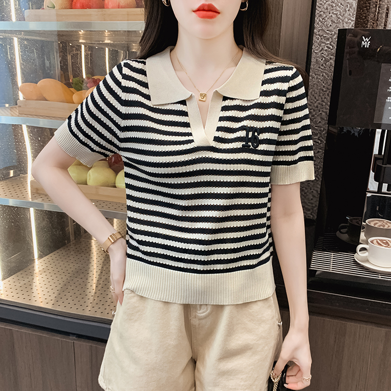 Stripe summer short sleeve tops slim ice silk T-shirt