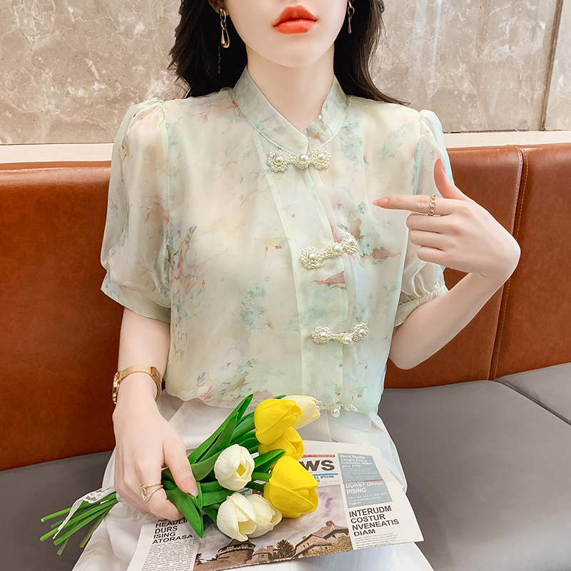 Short sleeve floral shirt beading puff sleeve tops