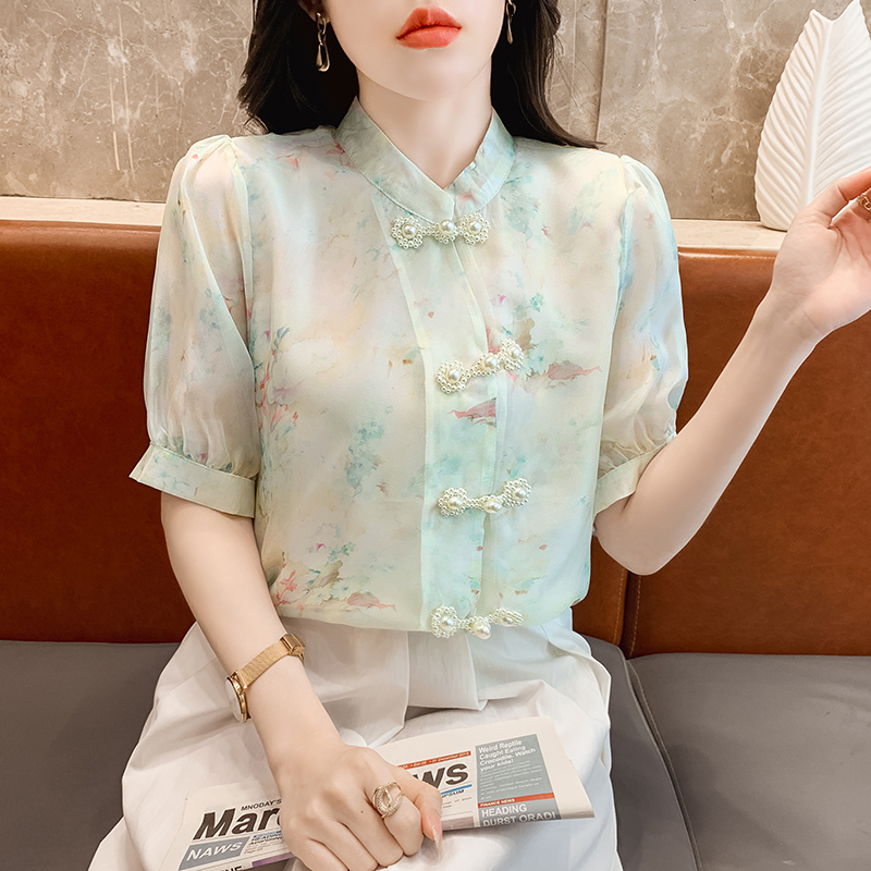 Short sleeve floral shirt beading puff sleeve tops