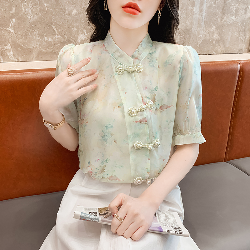 Short sleeve floral shirt beading puff sleeve tops