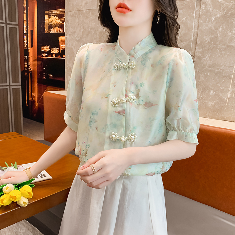 Short sleeve floral shirt beading puff sleeve tops