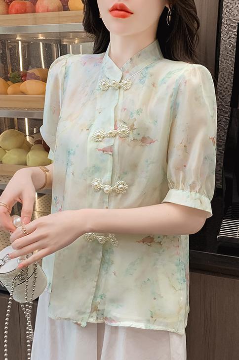 Short sleeve floral shirt beading puff sleeve tops