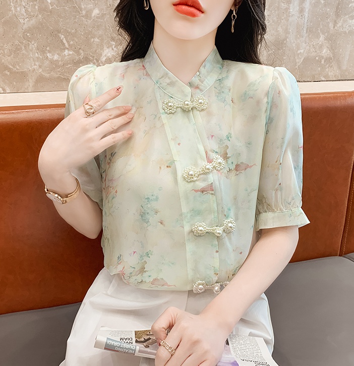 Short sleeve floral shirt beading puff sleeve tops