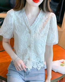 Lace chiffon shirt puff sleeve shirts for women