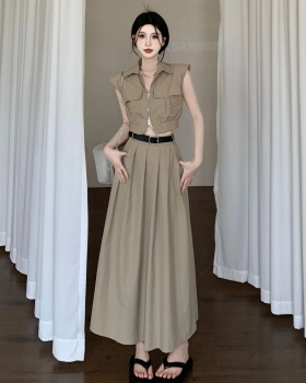 Lapel slim long skirt retro summer work clothing