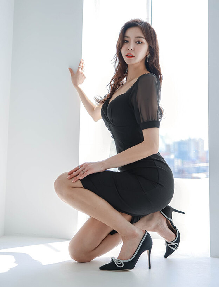 Long heart collar package hip splice Korean style dress