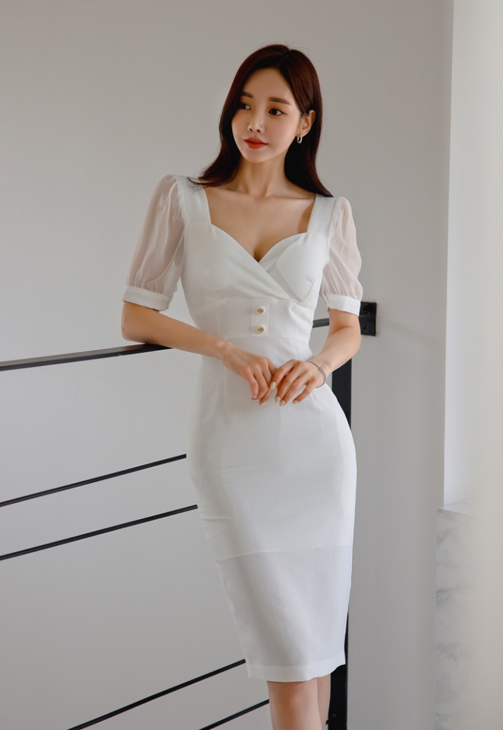 Long heart collar package hip splice Korean style dress