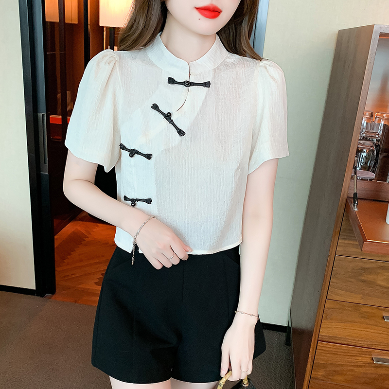 Embroidery doll collar shirt all-match printing chiffon shirt