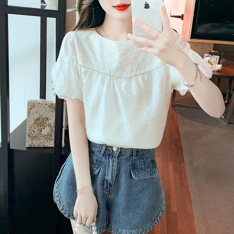 Embroidery puff sleeve Korean style shirt summer all-match tops