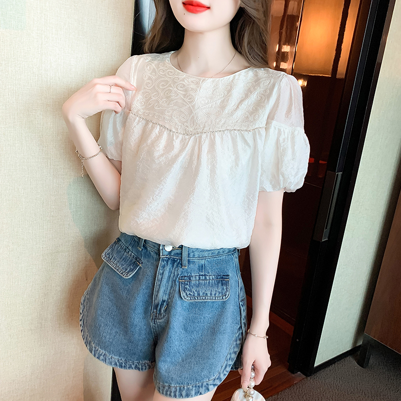 Embroidery puff sleeve Korean style shirt summer all-match tops