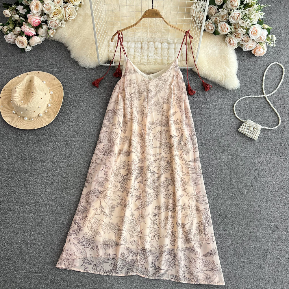Temperament vacation seaside beach dress halter floral sling dress