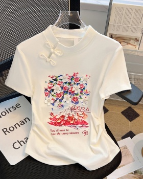 Chinese style white T-shirt summer tops for women