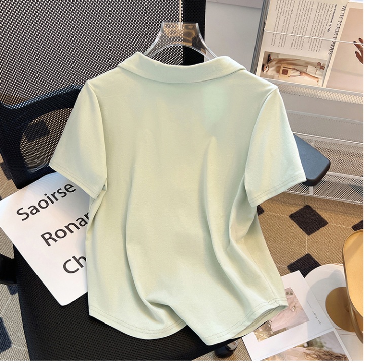 Pure slim short sleeve tops green V-neck Korean style T-shirt