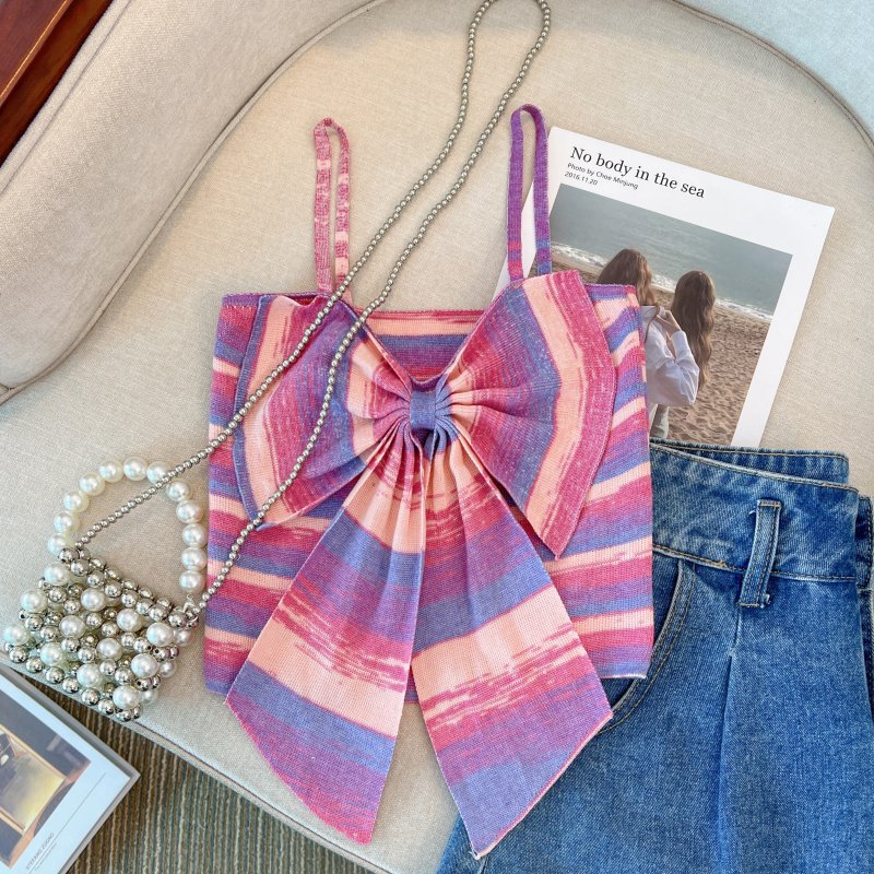Stripe bow knitted tops short summer sling vest