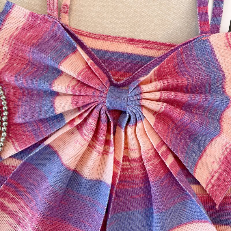 Stripe bow knitted tops short summer sling vest