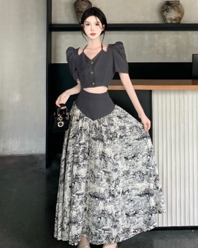 Mixed colors puff sleeve business suit splice skirt