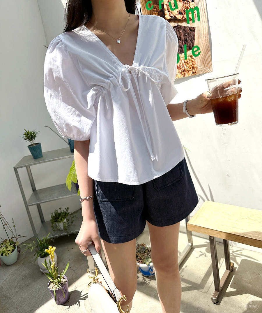 Drawstring summer V-neck tops simple puff sleeve shirt