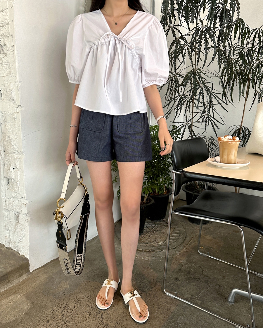 Drawstring summer V-neck tops simple puff sleeve shirt