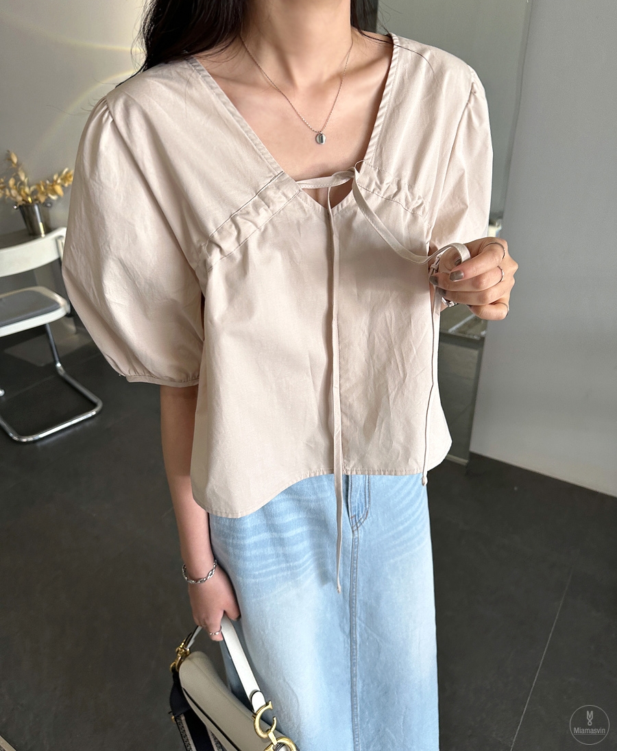 Drawstring summer V-neck tops simple puff sleeve shirt