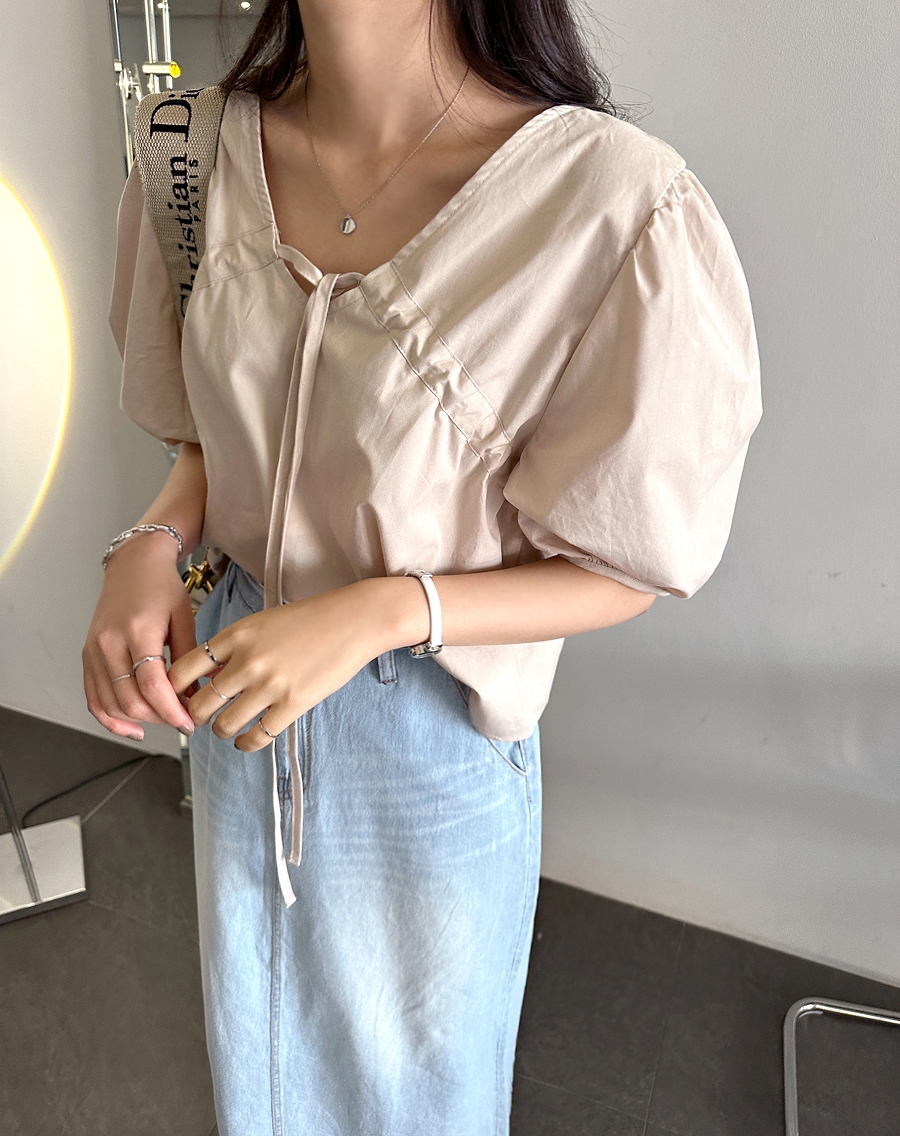 Drawstring summer V-neck tops simple puff sleeve shirt