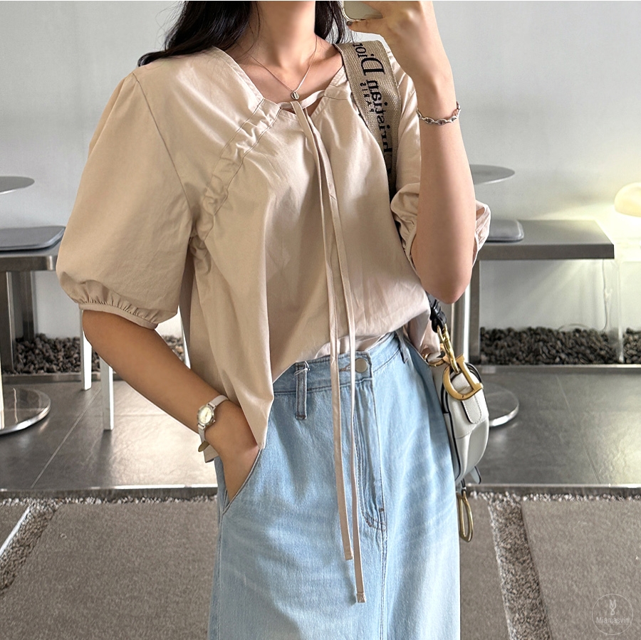 Drawstring summer V-neck tops simple puff sleeve shirt