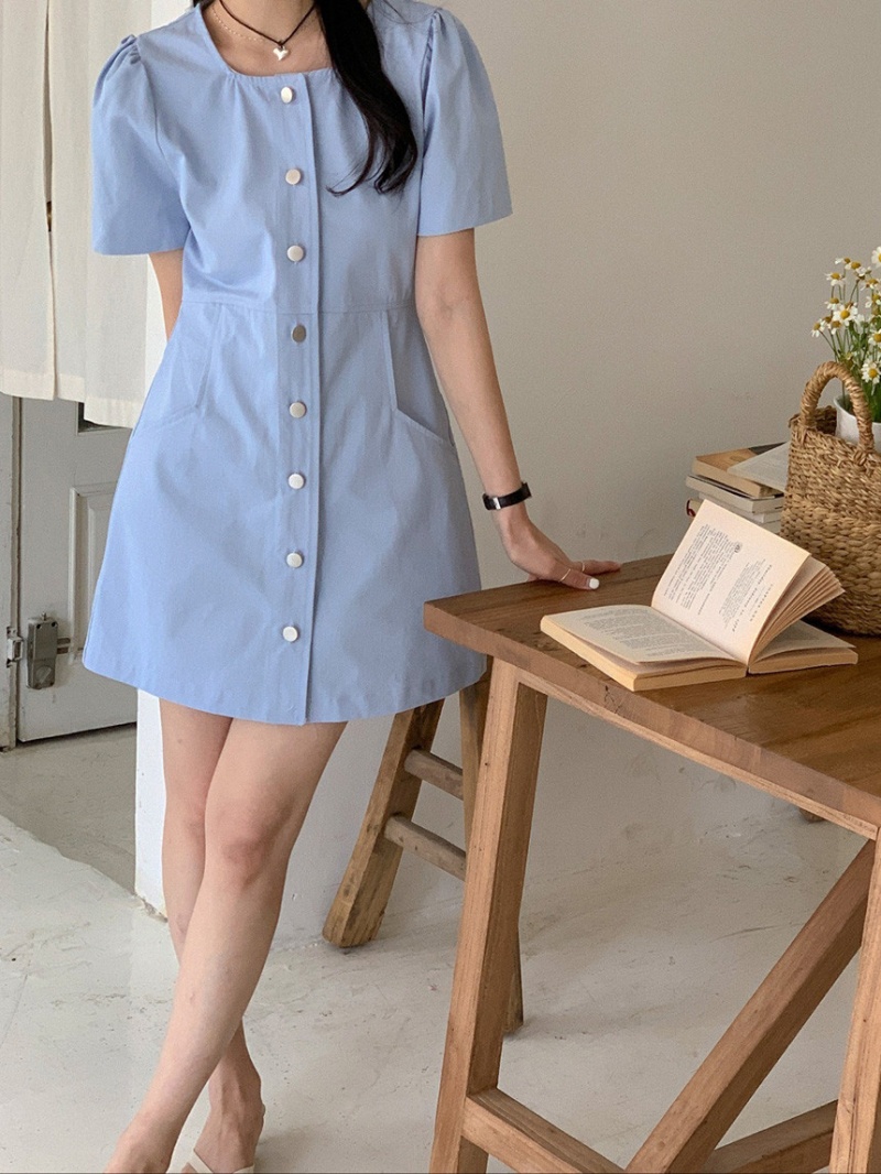 Single-breasted puff sleeve simple square collar dress