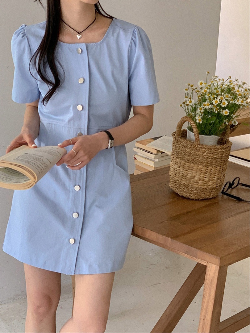 Single-breasted puff sleeve simple square collar dress