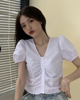 Pure Korean style all-match France style short slim V-neck shirt