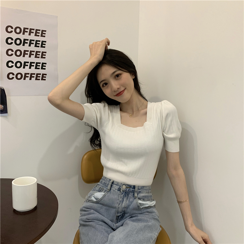 Backless bandage tops short sleeve square collar sweater